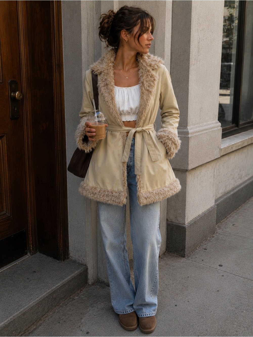 Beige Faux-Fur Trim Belted Coat